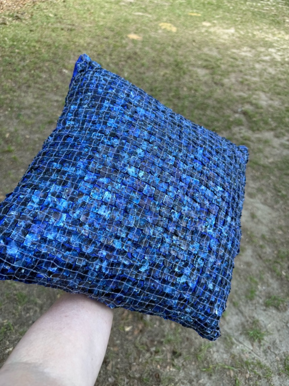 Handmade Mother of Pearl Mosaic Throw Pillow Blue Shell Tile Beaded India Boho